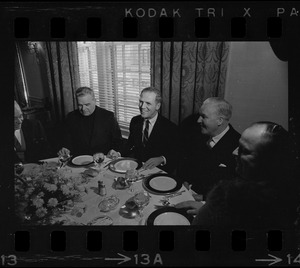Unidentified man, Boston Mayor Kevin White, City Councilor John E. Kerrigan, and Hale Champion at inaugural luncheon