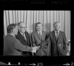 The four Democratic candidate for gubernatorial nomination share a handshake. From left, Francis X. Bellotti, Senate President Maurice Donahue, Ken O'Donnell and Boston Mayor Kevin White