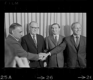 The four Democratic candidate for gubernatorial nomination share a handshake. From left, Francis X. Bellotti, Senate President Maurice Donahue, Ken O'Donnell and Boston Mayor Kevin White