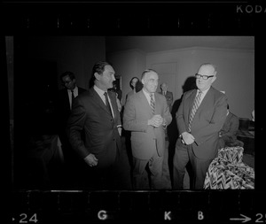 Ken O'Donnell, Francis X. Bellotti, and Senate President Maurice Donahue at Parker House for meeting with Democratic candidates for governor
