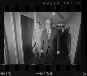 Unidentified man and Senate President Maurice Donahue at Parker House for meeting with Democratic candidates for governor