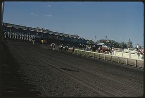Track-level view of horse race, Calgary Stampede, Alberta