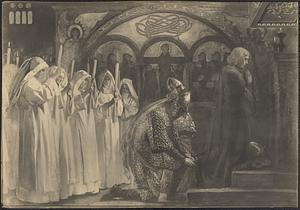 Photographic reproduction of the panel, "Sir Lancelot and Sir Bors outfit Galahad, clothed in red to symbolize spiritual purity" by Edwin Austin Abbey, from the mural, "The quest and achievement of the Holy Grail," Boston Public Library