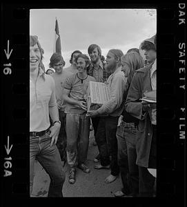 Harvard raft race winners with beer prize, Cambridge