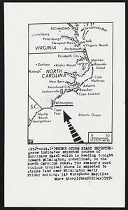 Where Storm Blast Expected- Arrow indicates expected course of Hurricane Hazel which is heading tonight toward Wilmington, underlined, on the North Carolina coast. The season's most vicious tropical storm is expected to strike land near Wilmington early Friday morning.