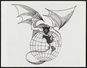 "Monster of War". This insignia, depicting what the navy calls a "centaur vampire monster of war hovering over the world," has been adopted by the naval aircraft scouting squadron no. 72, attached to the new aircraft carrier wasp, the U.S. navy department announced in Washington, D.C. Nov. 8. The creature, encircling the globe, combines features of a centaur, vampire bat with head of man and features of tiger. It's tail point to U.S.A. the upraised arm holds a bomb. It will be painted on airplanes of the Squadron.