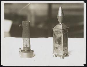 1. Exhibition of Scientific Apparatus at the Science Museum. South Kensington. Our photograph shows Davy's first safety lantern, 1815, and early wire gauge safety lamp.