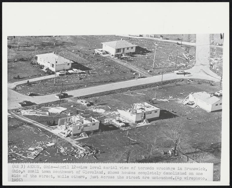 Akron, Ohio - Low level aerial view of tornado wreckage in