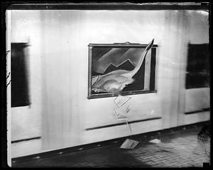 Movie lion Leo runs amuck in studio at Hotel Bradford Boston April 1932