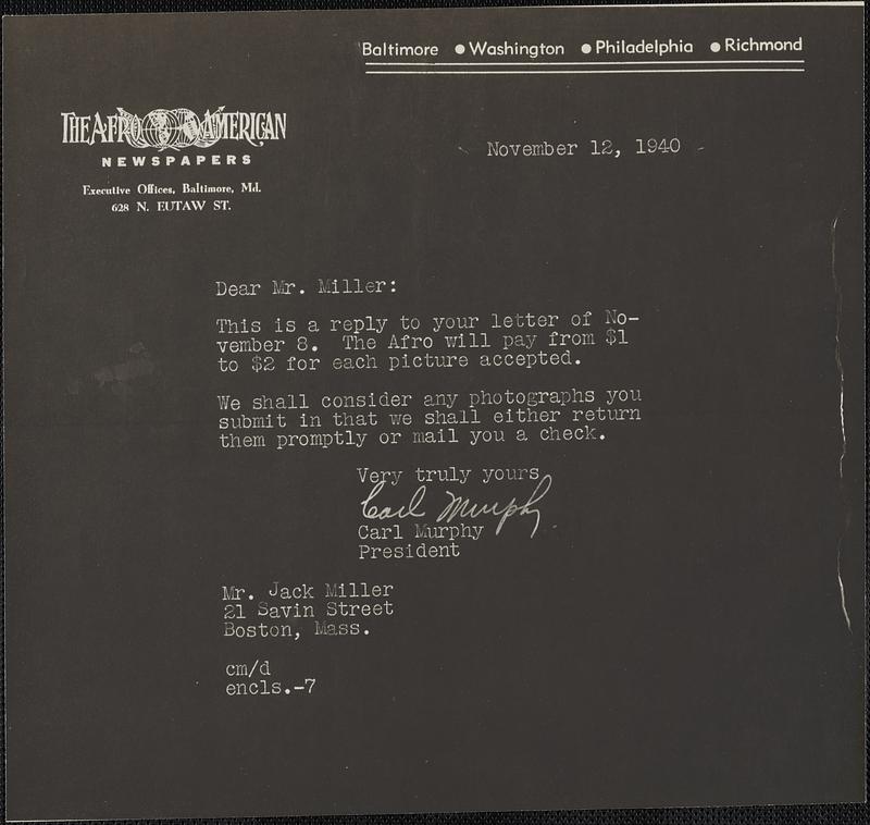 Facsimile reproduction of letter from Carl Murphy, Baltimore, to Jack Miller, Boston, 1940 November 12