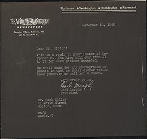 Facsimile reproduction of letter from Carl Murphy, Baltimore, to Jack Miller, Boston, 1940 November 12