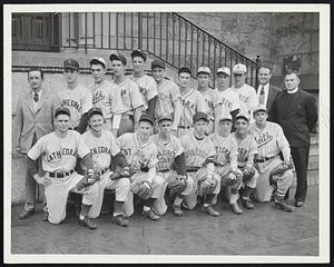 Official Catholic League All-Star Team which faces the City of Boston All-Stars in their third annual game at Fenway Park the night of June 12. Back row (left to right) - Coach Bob Whalen, St. Mary's, Brookline; Dick Charlton, Cathedral; Lennie Toomey, Keith; Dick Conway, St. Mary's, Brookline; Paul Gallagher, St. Mary's, Brookline; Coach Henry Barry, Scared Heart of Newton; Coach Rev. Brother Firmin, Keith. Front Row - Jack Cantwell, Cathedral; Bob Timmons, Cathedral; Mark Tremblay, St. John's; Al Frawley, Sacred Heart, Newton; Dick Norton, St. Clement's; Frank McCarthy, Matignon; Ray Girouard, Matignon; Dick Howe, Keith. Brother Firmin is all-star head coach with Whalen and Barry as assistants.
