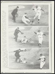 Thrown for a Loop -- New York Mets' Larry Elliot is home safe as Los Angeles Dodgers' pitcher Phil Regan rolls after catching low throw in eighth inning of game at New York's Shea Stadium last night. Catcher John Roseboro, not shown, chased passed ball and tossed to Regan who covered plate. Umpire is Bob Engel. Dodgers won 4-3 in 11 innings.