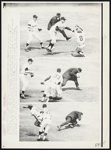 Perils of the Trade -- Umpire Ken Burkhardt was in good position to view play as second base as Philadelphia's Tony Taylor steals second in game with San Francisco Giants today. Ball thrown by Giant's catcher Dick Dietz glanced off glove of second baseman Ron Hunt (33) and hit Burkhardt in the face. Other Giant player is Hal Lanier. The umpire left the game for a short while but returned.