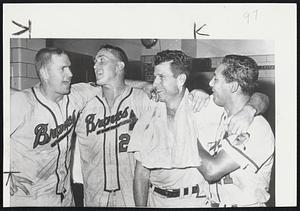 Big Braves Guns happily pose for photographer last night's important 5-3 victory at Pittsburgh. Left to right are Del Crandall, who hit a homer; Don McMahon, who went in as a relief pitcher to win the game and Handy Andy Pafko, the veteran who always seems to rise to the occasion. The Wisconsin product tripled and doubled.