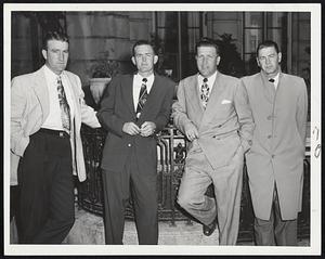 On The Way To Fenway Park were these members of the Washington Senators who were meeting the Red Sox in the second game of the series today. Left to right, they are Pitcher Bob Porterfield, Infielder Pete Runnels, Pitcher Mickey Harris and Outfielder Sherry Robertson.
