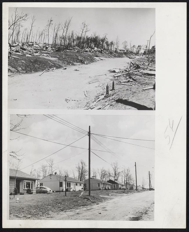 Winthrop Oaks - Top picture shows the Mayflower Circle area in Winthrop Oaks section of Holden after tornado smashed 51 prefabricated homes. By mid-August, 40 of the homes had been replaced and today only one slab remains bare.