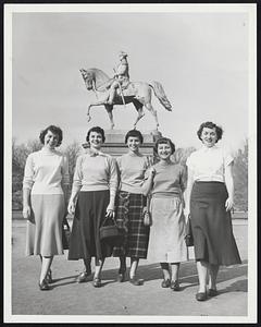 July in November finds these girls strolling coatless and hatless in the Public Garden. Left to right, Lois Cohen, Theresa Vigneau, Diana Yoshgar, Norma Salvati and Jacqueline Putnam.