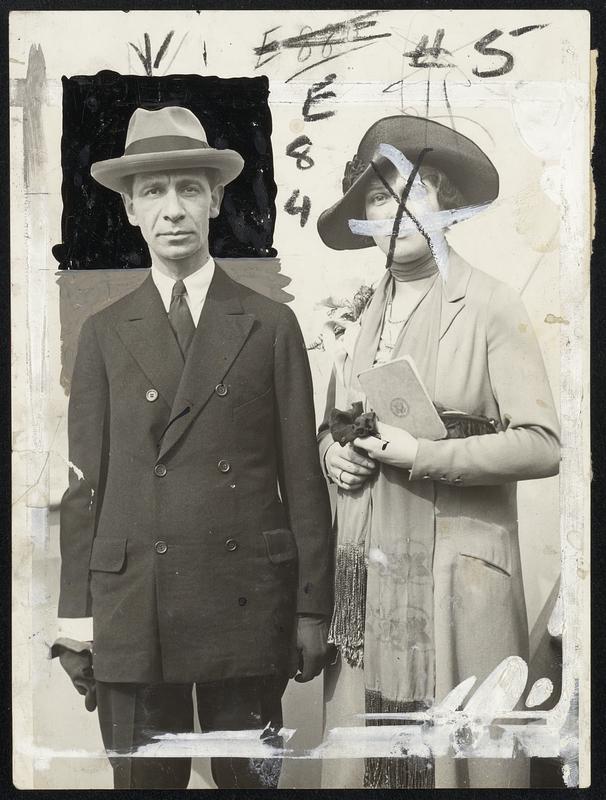 F.P.A.'s Bride Sails on 1st Lucy Stone Passport. Franklin P. Adams (F.P.A.) and his bride, who was Miss Esther Sayles Root, photographed before they sailed on their honeymoon on the S.S. Mauretania. Mrs. Adams has the distinction of being the first married woman sailing with her husband to have a passport issued under her maiden name. The couple were married a few days ago in Stamford, Conn.. Mrs. Adams is a member of the Lucy Stone League and a delegation from that body saw her off.