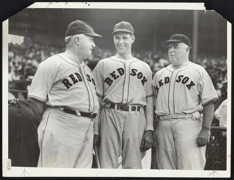 Don't be alarmed these athletic impositors in borrowed uniforms performed for the city's charity field day at Fenway park. Penetrating the disguises, left to right, are Dist. atty. William J. Foley, Mayor Tobin and Police commissioner Timilty.