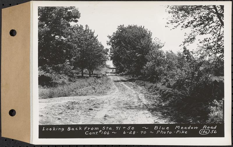 Contract No. 106, Improvement of Access Roads, Middle and East Branch Regulating Dams, and Quabbin Reservoir Area, Hardwick, Petersham, New Salem, Belchertown, looking back from Sta. 41+50, Blue Meadow Road, Belchertown, Mass., Jun. 28, 1940