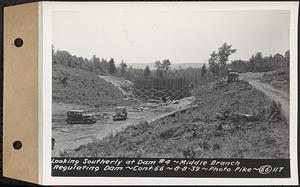 Contract No. 66, Regulating Dams, Middle Branch (New Salem), and East Branch of the Swift River, Hardwick and Petersham (formerly Dana), looking southerly at dam 4, middle branch regulating dam, Hardwick, Mass., Aug. 8, 1939