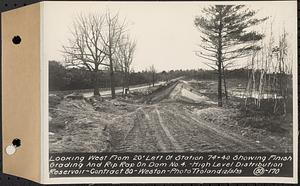 Contract No. 80, High Level Distribution Reservoir, Weston, looking west from 20 feet left of Sta. 74+40 showing finish grading and riprap on dam 4, high level distribution reservoir, Weston, Mass., Dec. 5, 1939