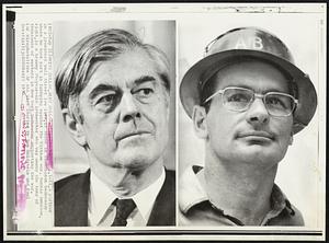 White Collar, Blue Collar--Orville H. Schell, left, a partner in a prominent Wall Street law firm, is shown in Washington Wednesday where he took part in lobbying against the Vietnam war. Ronnie Ambrose, right, is a brawny 35-year-old ironworker who was among the tens of thousands of workers in New York Wednesday supporting the war.