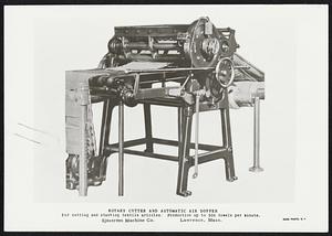 Rotary Cutter and Automatic Air Doffer For cutting and stacking textile articles. Production up to 300 towels per minute. Sjöström Machine Co. Lawrence, Mass.