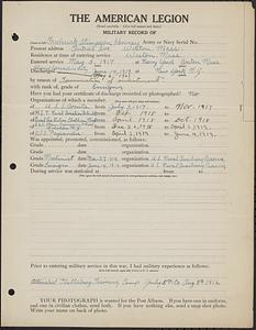 American Legion military record of Frederick Stimpson Kenney