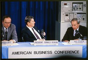 Bedford, MA: Pres. Ronald Reagan speaks at a meeting of high tech execs