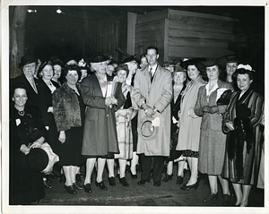 Mayor Tobin greets women at wharf, after their inspection of Long Island Hospital