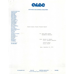 Parent agency liaison project report, December 15, 1976.