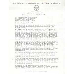 Letter, Carmen Pola and Barbara Meyers, August 14, 1981.