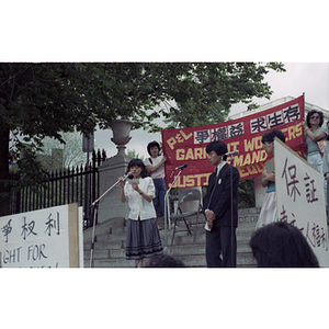 Speakers at a garment workers demonstration