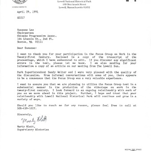 Letter from Marty Blatt of the Lowell National Historical Park, regarding a focus group held by the Park concerning work in the twenty-first century