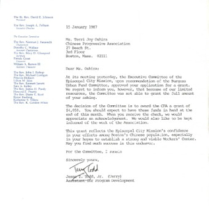 Correspondence from the Episcopal City Mission of the Diocese of Massachusetts awarding the Chinese Progressive Association Workers' Center a $4,050 grant
