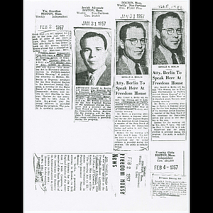 Photocopy of newspaper clippings about attorney Gerald A. Berlin speaking at Freedom House Coffee Hour