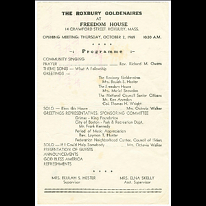 Program for opening meeting of the Roxbury Goldenaires