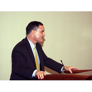 Joseph Malarny, CBA '82, speaks at College of Business Administration's Distinguished Service Awards ceremony after receiving award