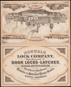 Trade card, Norwalk Lock Company, manufacturers of door locks, latches, knobs, escutcheons and other builders hardware, also genuine and imitation bronze goods, South Norwalk, Connecticut