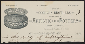 Letterhead for Goodwin Brothers, manufacturers of artistic pottery and lamps, Elmwood, Hartford County, Connecticut, dated 1889