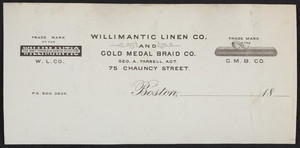 Letterhead for the Willimantic Linen Co. and Gold Medal Braid Co., 75 Chauncy Street, Boston, Mass., 1800s