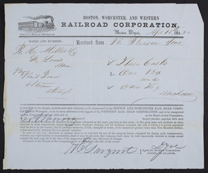 Receipt for the Boston, Worcester and Western Railroad Corporation, Boston, Mass., dated April 15, 1853