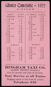 Trade card for the Hingham Taxi Co., Albert Brown, proprietor, Hingham, Mass., 1922
