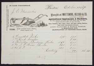 Billhead for Whittemore, Belcher & Co., agricultural implements and machines, 34 Merchants Row, Boston, Mass., dated October 22, 1870