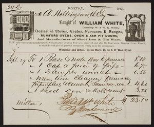 Billhead for William White, stoves, grates, furnaces, 13, 15 & 17 West Street, Boston, Mass., dated 1865