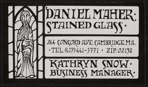 Business card for Daniel Maher Stained Glass, 266 Concord Ave., Cambridge, Mass., undated