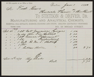 Billhead for Stetson & Driver, Dr., manufacturing and analytical chemists, No.59 Broad Street, Boston, Mass., dated January 1, 1880