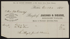 Billhead for Jacobs & Deane, merchant tailors, 21 Court Street, Boston, Mass., dated October 23, 1865
